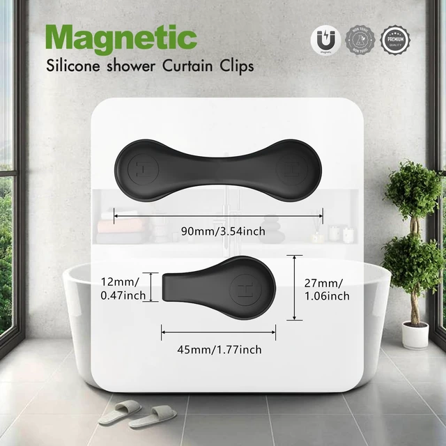 Alt view image 2 of 7 - 4-Pack Magnetic Silicone Shower Curtain Clips, Keep Liner Closed, Black | Keeps curtain tight to wall, reduces splash, one-hand magnetic snap, built-in strong magnet, no-drill adhesive backing