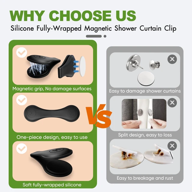 Alt view image 5 of 7 - 4-Pack Magnetic Silicone Shower Curtain Clips, Keep Liner Closed, Black | Keeps curtain tight to wall, reduces splash, one-hand magnetic snap, built-in strong magnet, no-drill adhesive backing