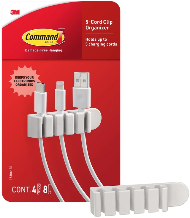Main image of 5-Cord Clip Organizer, 4 Clips, 8 Medium Strips | Command Strips Cord Organizer, keeps Cables Out of Sight, Damage Free Hanging, No Tools, Removes Cleanly