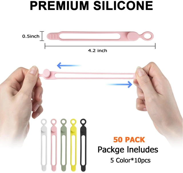 Alt view image 2 of 6 - 50Pcs Silicone Cable Ties, Cord Organizer Cable Management-Multi | Reusable Cord Ties for Electronics, Office Desk Accessories, Home Travel Essentials, Easy to Use, 4.2 Inch-5 Colors