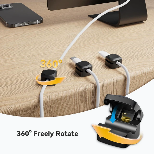 Alt view image 2 of 7 - Rotatable Cord Organizer, Strong Adhesive Spring Cable Clips | Enhanced Cable Organizer Cord Clips, Desk Cord Holder for Nightstand, Office Accessories and Car (8*Black)