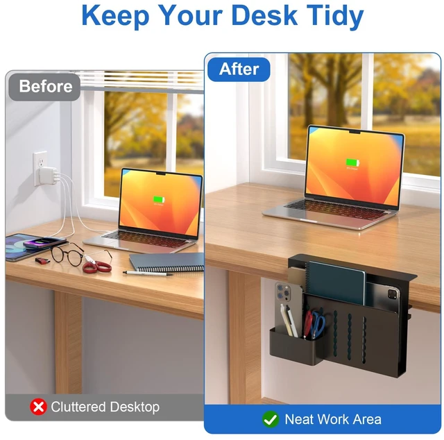 Alt view image 4 of 7 - Desk Side Storage, Single-Layer Steel Hanging Desk Organizer with Magnetic Pen Holder, No Drilling Desk Drawer Cable Management Tray, Under Table Laptop Holder for Office, School&Home(Black)