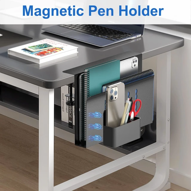 Alt view image 7 of 7 - Desk Side Storage, Single-Layer Steel Hanging Desk Organizer with Magnetic Pen Holder, No Drilling Desk Drawer Cable Management Tray, Under Table Laptop Holder for Office, School&Home(Black)
