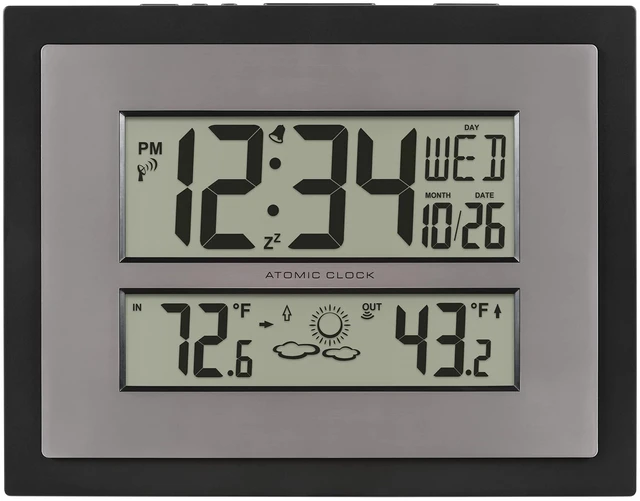 Main image of 512-65937 Black Atomic Digital Clock with Temperature | Color: Black/Gray, Forecast, Atomic Time, DST reset, Crescendo Alarm, Wireless 330ft range transmits Outdoor temperature