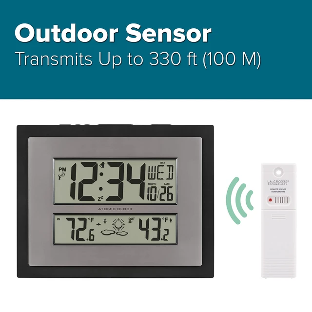 Alt view image 3 of 7 - 512-65937 Black Atomic Digital Clock with Temperature | Color: Black/Gray, Forecast, Atomic Time, DST reset, Crescendo Alarm, Wireless 330ft range transmits Outdoor temperature
