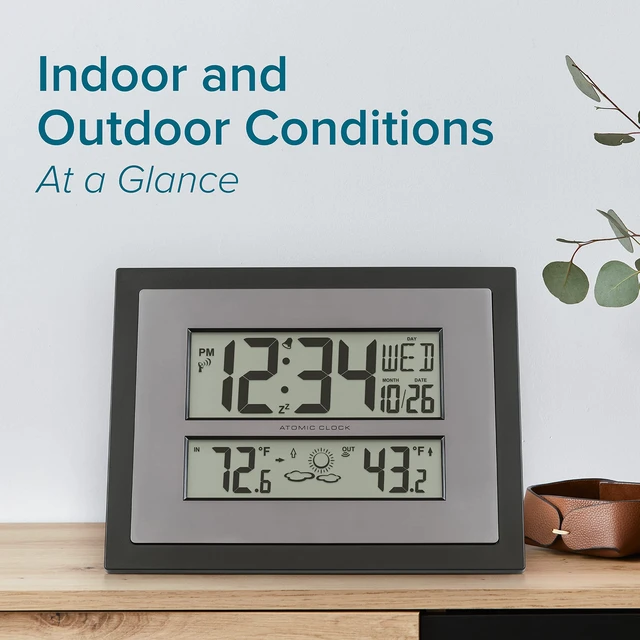 Alt view image 2 of 7 - 512-65937 Black Atomic Digital Clock with Temperature | Color: Black/Gray, Forecast, Atomic Time, DST reset, Crescendo Alarm, Wireless 330ft range transmits Outdoor temperature