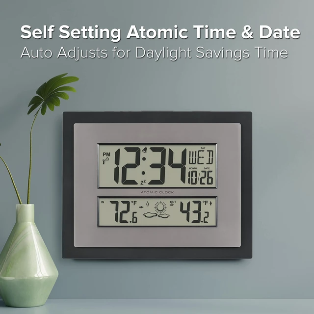 Alt view image 4 of 7 - 512-65937 Black Atomic Digital Clock with Temperature | Color: Black/Gray, Forecast, Atomic Time, DST reset, Crescendo Alarm, Wireless 330ft range transmits Outdoor temperature