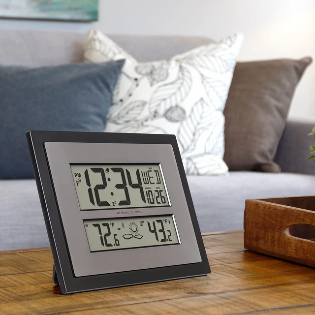 Alt view image 5 of 7 - 512-65937 Black Atomic Digital Clock with Temperature | Color: Black/Gray, Forecast, Atomic Time, DST reset, Crescendo Alarm, Wireless 330ft range transmits Outdoor temperature