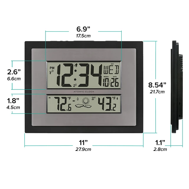 Alt view image 7 of 7 - 512-65937 Black Atomic Digital Clock with Temperature | Color: Black/Gray, Forecast, Atomic Time, DST reset, Crescendo Alarm, Wireless 330ft range transmits Outdoor temperature