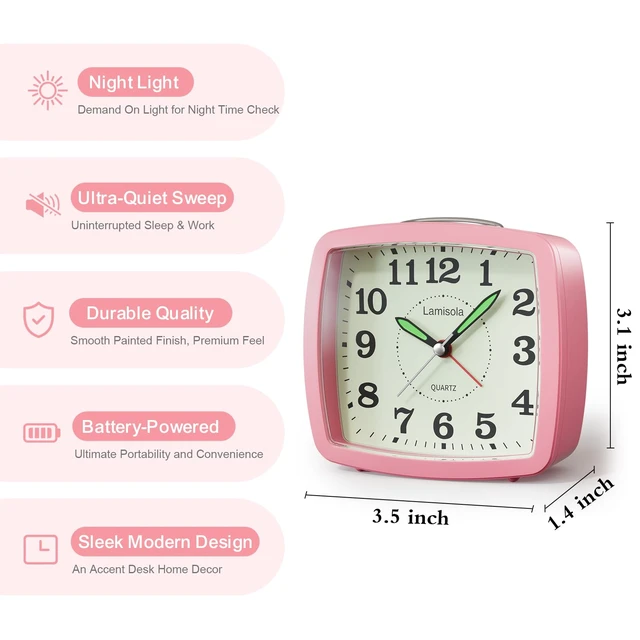 Alt view image 2 of 7 - Analog Travel Alarm Clock for Bedroom, Small Desk Clock, Pink | Retro Battery Clock for Bathroom Shelf Table Bedside, Night Light Silent Snooze Clear Display for Kids Teens Girls