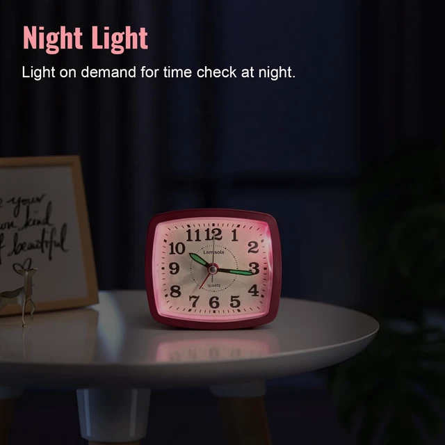 Alt view image 5 of 7 - Analog Travel Alarm Clock for Bedroom, Small Desk Clock, Pink | Retro Battery Clock for Bathroom Shelf Table Bedside, Night Light Silent Snooze Clear Display for Kids Teens Girls