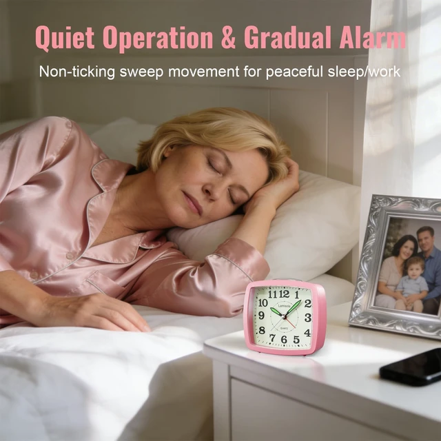 Alt view image 4 of 7 - Analog Travel Alarm Clock for Bedroom, Small Desk Clock, Pink | Retro Battery Clock for Bathroom Shelf Table Bedside, Night Light Silent Snooze Clear Display for Kids Teens Girls