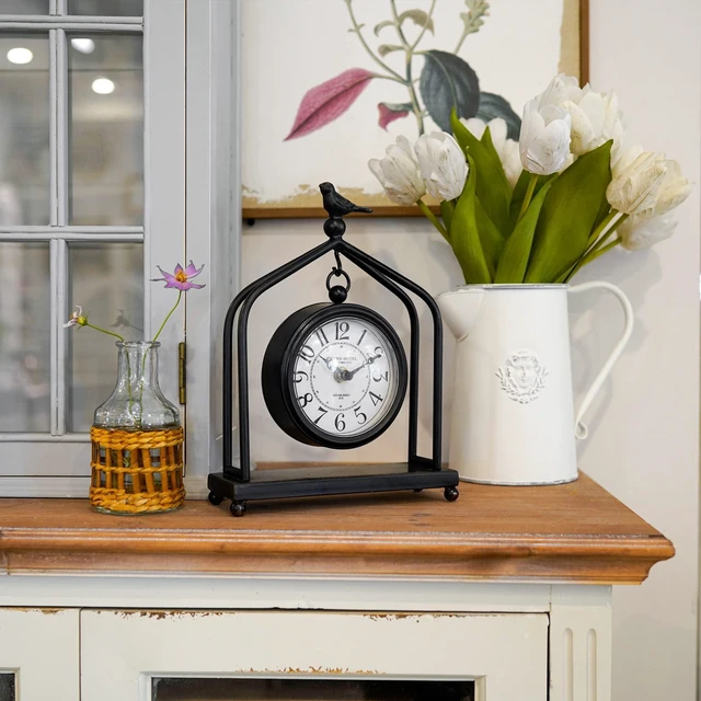 Alt view image 3 of 7 - 7.5'' x 10'' Mantel Clock Iron Tower Frame, Creative Bird Ornament Tabletop Clock, Silent Clock with Hollow Carved Back Cover for Home Decor, Black