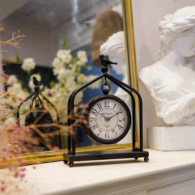 Alt view image 2 of 7 - 7.5'' x 10'' Mantel Clock Iron Tower Frame, Creative Bird Ornament Tabletop Clock, Silent Clock with Hollow Carved Back Cover for Home Decor, Black