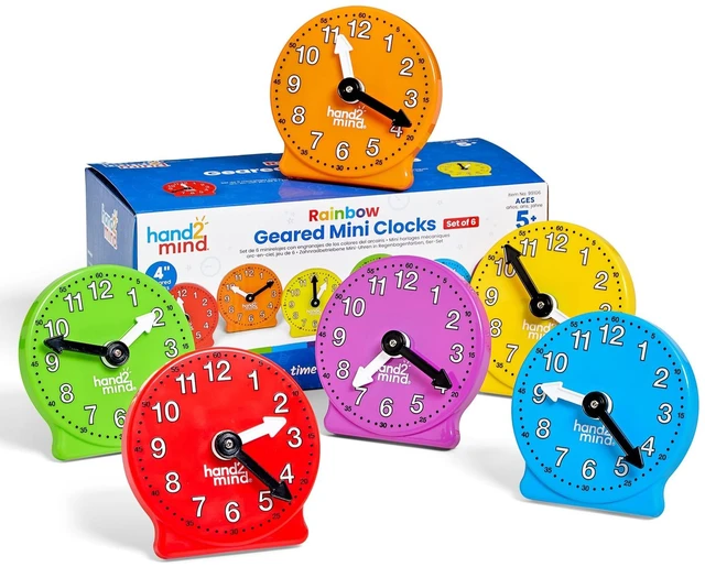 Main image of Rainbow Geared Mini Learning Clock, Small Group, Set of 6 | Teaching Clocks for Kids, Movable Hands, Telling Time Math Manipulatives, Homeschool Teaching Toy, Color Coded Gears