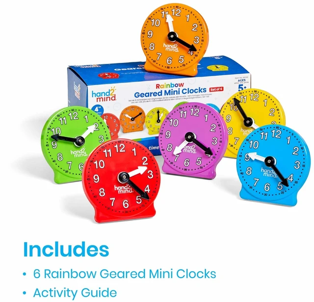 Alt view image 2 of 7 - Rainbow Geared Mini Learning Clock, Small Group, Set of 6 | Teaching Clocks for Kids, Movable Hands, Telling Time Math Manipulatives, Homeschool Teaching Toy, Color Coded Gears