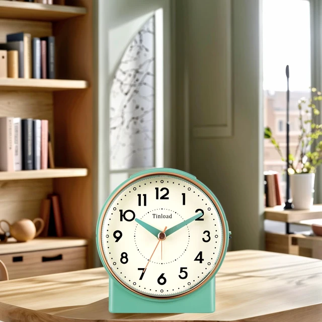Alt view image 2 of 7 - 4.3" Retro Analog Alarm Clock, Vintage Decor, No Ticking Silent, Easy to Set, Gradual Rise Alarm, On/Off Switch on Side, Gentle Wake, Snooze, Lighted on Demand, Battery Operated, Retro Green