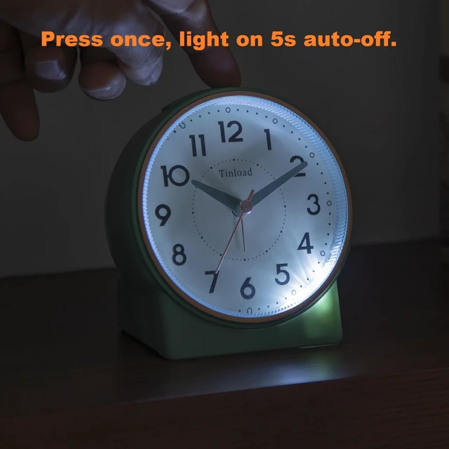 Alt view image 5 of 7 - 4.3" Retro Analog Alarm Clock, Vintage Decor, No Ticking Silent, Easy to Set, Gradual Rise Alarm, On/Off Switch on Side, Gentle Wake, Snooze, Lighted on Demand, Battery Operated, Retro Green