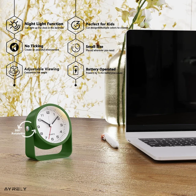 Alt view image 2 of 7 - ® 3.5" Small Analog Travel Alarm Clock, Battery Operated Desk Clock | Cute Table Clock with Light, Adjustable Angle, Bedside, Bedrooms, Kids' Rooms and Living Room Decor (Dark Green)