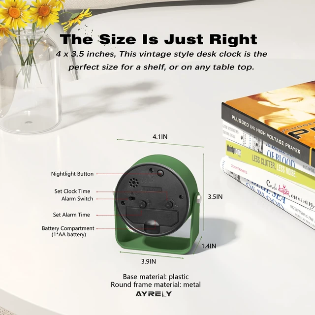 Alt view image 7 of 7 - ® 3.5" Small Analog Travel Alarm Clock, Battery Operated Desk Clock | Cute Table Clock with Light, Adjustable Angle, Bedside, Bedrooms, Kids' Rooms and Living Room Decor (Dark Green)