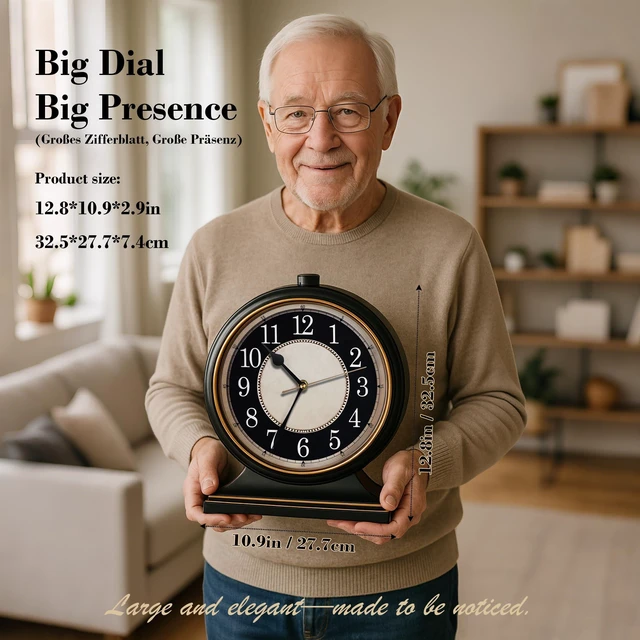 Alt view image 2 of 7 - ® Vintage Desk Clock Silent-Non-Ticking 10-inch dial Table Clock,Retro Mantel Clocks and Easy to Read for Living Room, Bedroom, Shelf Decoration, Fireplace, Farmhouse Decor (Black)
