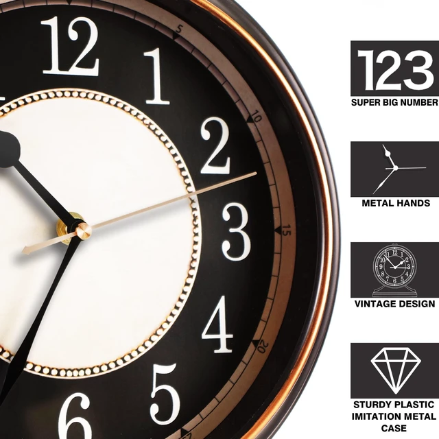 Alt view image 4 of 7 - ® Vintage Desk Clock Silent-Non-Ticking 10-inch dial Table Clock,Retro Mantel Clocks and Easy to Read for Living Room, Bedroom, Shelf Decoration, Fireplace, Farmhouse Decor (Black)
