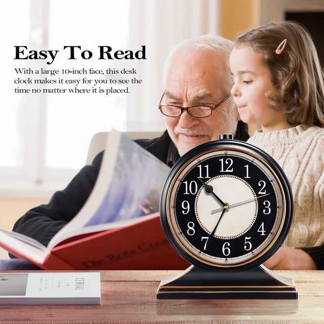 Alt view image 6 of 7 - ® Vintage Desk Clock Silent-Non-Ticking 10-inch dial Table Clock,Retro Mantel Clocks and Easy to Read for Living Room, Bedroom, Shelf Decoration, Fireplace, Farmhouse Decor (Black)