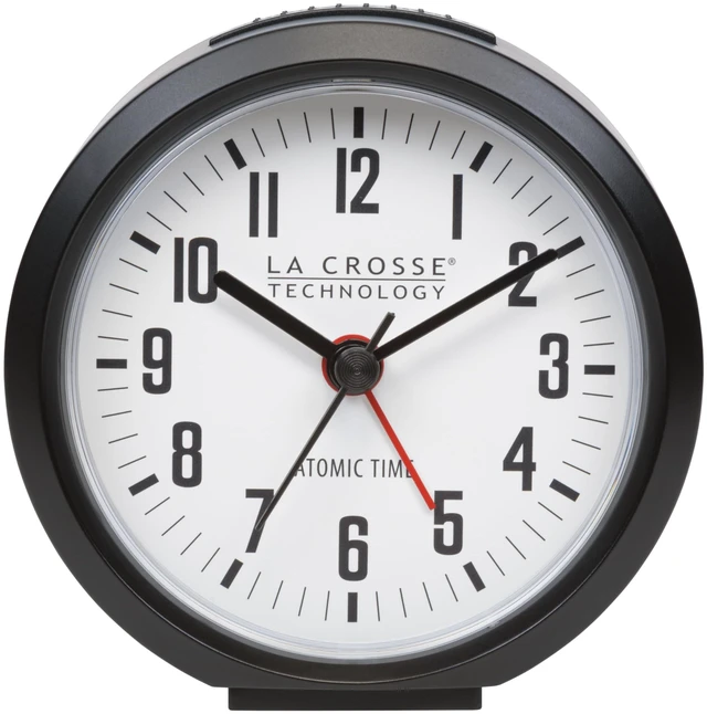 Main image of 617-710B-INT 4-Inch Round Black Atomic Analog Alarm Clock