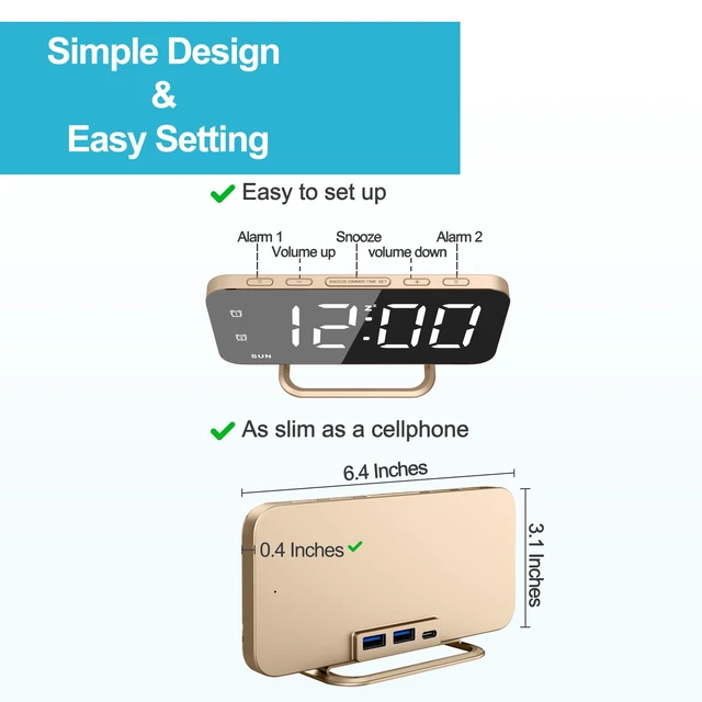 Alt view image 2 of 7 - Slim LED Digital Alarm Clock, Mirror Surface for Makeup, with Diming, Large Display, Easy Setting, USB Charger Ports, Modern Bedroom, Desk, Office Living Room Decor, Christmas Birthday for Women Girl