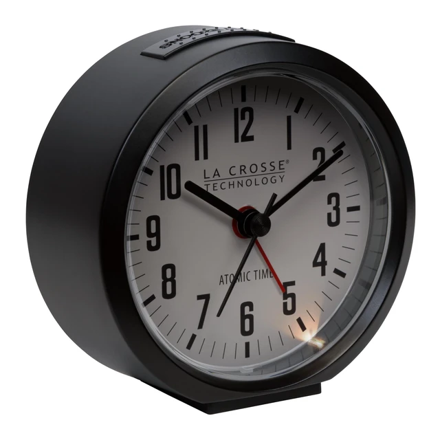 Alt view image 3 of 7 - 617-710B-INT 4-Inch Round Black Atomic Analog Alarm Clock