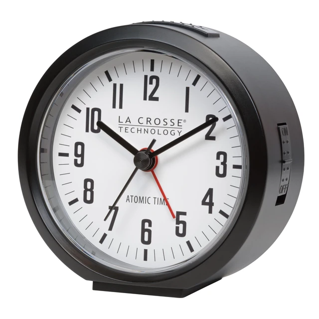 Alt view image 2 of 7 - 617-710B-INT 4-Inch Round Black Atomic Analog Alarm Clock