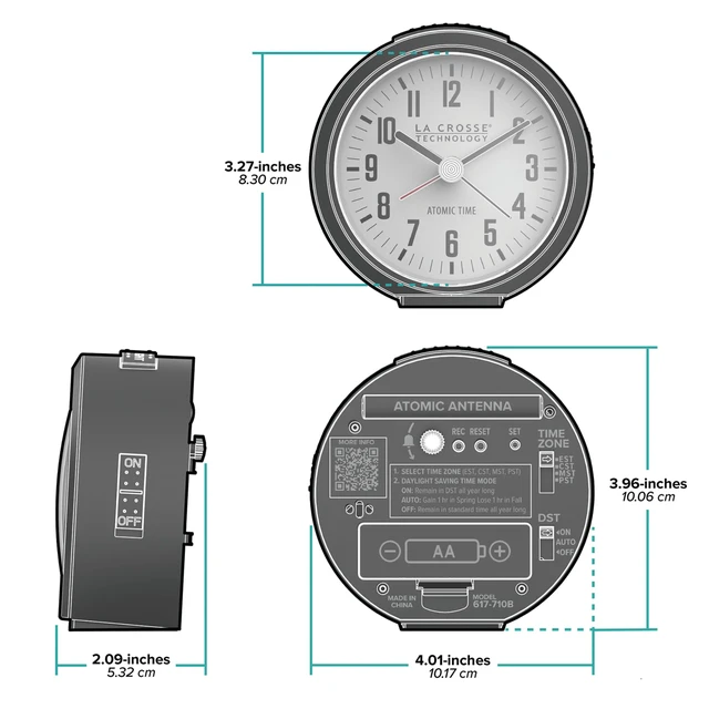 Alt view image 6 of 7 - 617-710B-INT 4-Inch Round Black Atomic Analog Alarm Clock