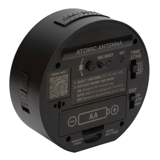 Alt view image 5 of 7 - 617-710B-INT 4-Inch Round Black Atomic Analog Alarm Clock