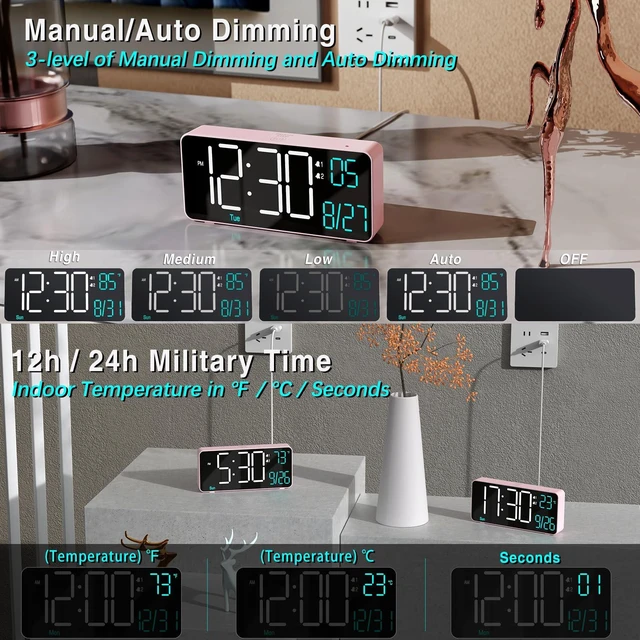 Alt view image 3 of 6 - Alarm Clocks for Bedrooms, 6.7in Small Digital Clock, Auto Dimming, Room Temperature, Day of The Week, Date, Seconds, Digital Clocks for Living Room, Alarm Clock