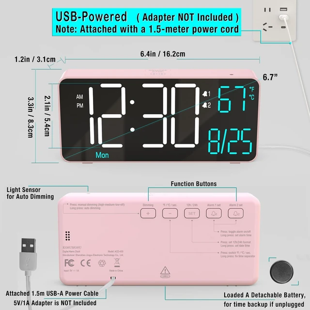 Alt view image 5 of 6 - Alarm Clocks for Bedrooms, 6.7in Small Digital Clock, Auto Dimming, Room Temperature, Day of The Week, Date, Seconds, Digital Clocks for Living Room, Alarm Clock