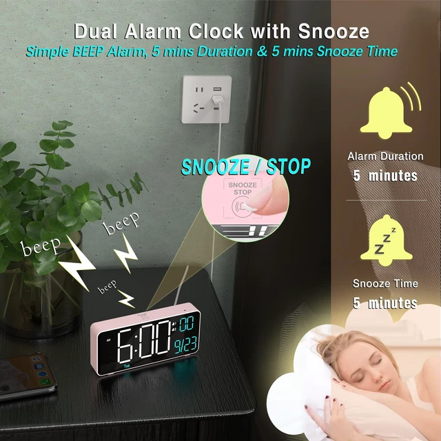 Alt view image 6 of 6 - Alarm Clocks for Bedrooms, 6.7in Small Digital Clock, Auto Dimming, Room Temperature, Day of The Week, Date, Seconds, Digital Clocks for Living Room, Alarm Clock
