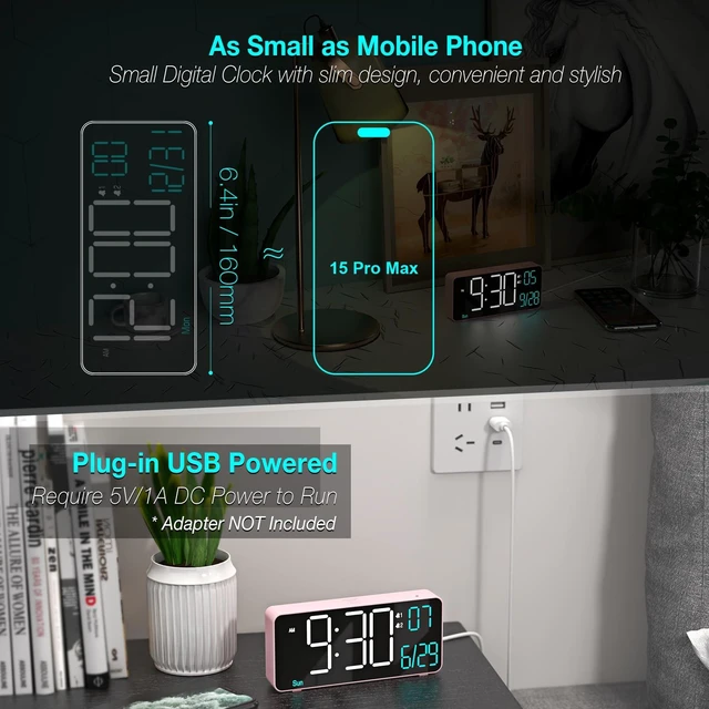 Alt view image 2 of 6 - Alarm Clocks for Bedrooms, 6.7in Small Digital Clock, Auto Dimming, Room Temperature, Day of The Week, Date, Seconds, Digital Clocks for Living Room, Alarm Clock