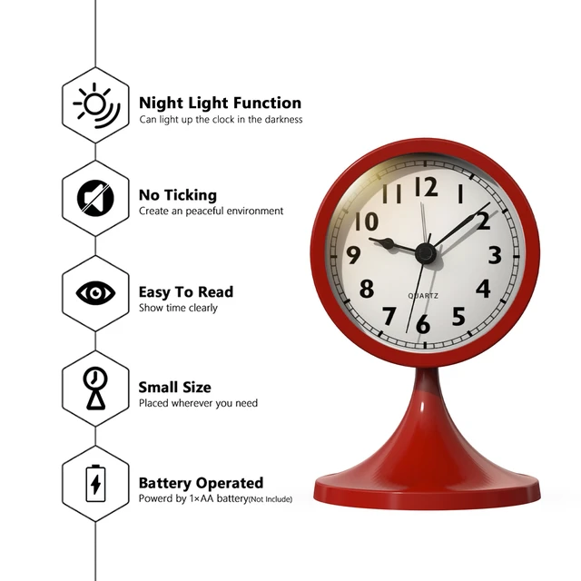 Alt view image 2 of 7 - ® 3" Analog Alarm Clock, Retro Small Clock, Desk Clock for Bathroom | Cute Battery Operated Table Clock with Silent Movement and Light for Bedroom, Bedside, Living Room Decor and Shelf (Rose Red)