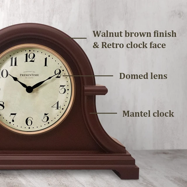 Alt view image 3 of 6 - Mantel Clock Vintage Farmhouse Series | Napoleon Desk & Shelf Clock, 13 x 10", Domed Lens, Quartz Movement, Walnut Brown Finish, For Home and Tabletop Decor