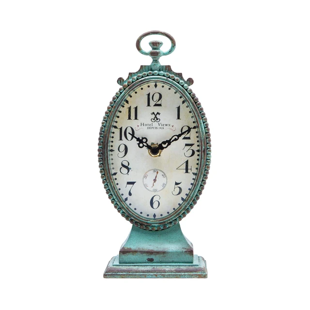 Main image of Vintage Small Table Clock, Teal Decorative Desk Shelf Clock | BatteryOperated, Ornate Distressed Metal Construction, Whimsical Shabby Chic Accent for Mantel, Living Room & Bathroom