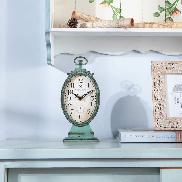 Alt view image 2 of 7 - Vintage Small Table Clock, Teal Decorative Desk Shelf Clock | BatteryOperated, Ornate Distressed Metal Construction, Whimsical Shabby Chic Accent for Mantel, Living Room & Bathroom