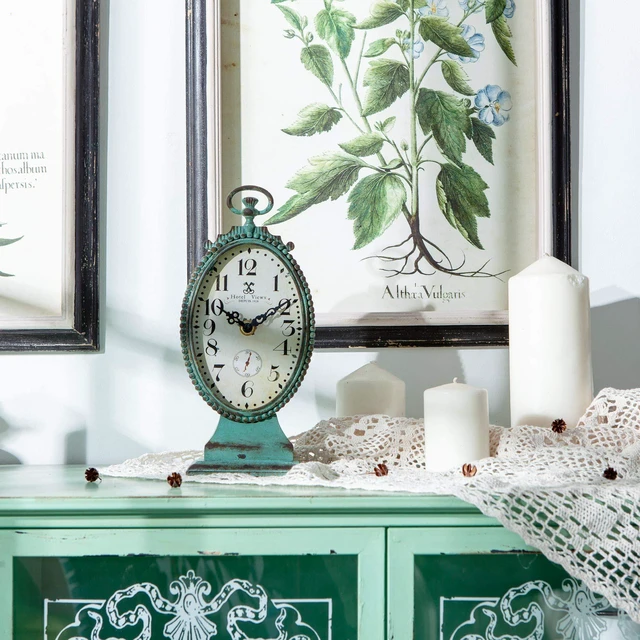 Alt view image 3 of 7 - Vintage Small Table Clock, Teal Decorative Desk Shelf Clock | BatteryOperated, Ornate Distressed Metal Construction, Whimsical Shabby Chic Accent for Mantel, Living Room & Bathroom