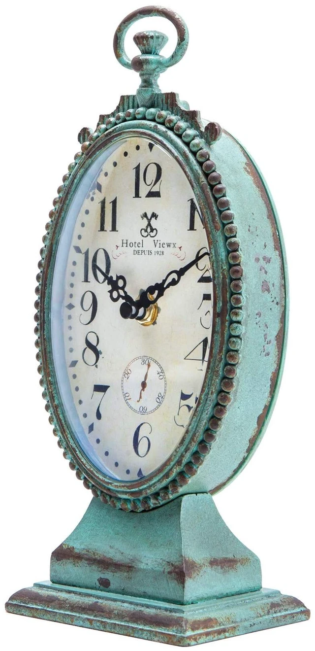 Alt view image 4 of 7 - Vintage Small Table Clock, Teal Decorative Desk Shelf Clock | BatteryOperated, Ornate Distressed Metal Construction, Whimsical Shabby Chic Accent for Mantel, Living Room & Bathroom
