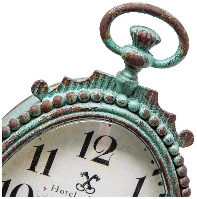 Alt view image 5 of 7 - Vintage Small Table Clock, Teal Decorative Desk Shelf Clock | BatteryOperated, Ornate Distressed Metal Construction, Whimsical Shabby Chic Accent for Mantel, Living Room & Bathroom