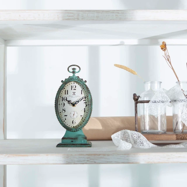 Alt view image 7 of 7 - Vintage Small Table Clock, Teal Decorative Desk Shelf Clock | BatteryOperated, Ornate Distressed Metal Construction, Whimsical Shabby Chic Accent for Mantel, Living Room & Bathroom