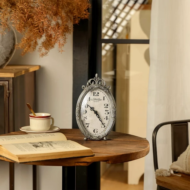 Alt view image 3 of 7 - E Small Vintage Table Clock, Silent Elegant Silver Desk Clock | Non-Ticking Battery-Operated Metal Decorative Shelf Clock, Perfect for Living Rooms, Offices, Shelves, Mantels
