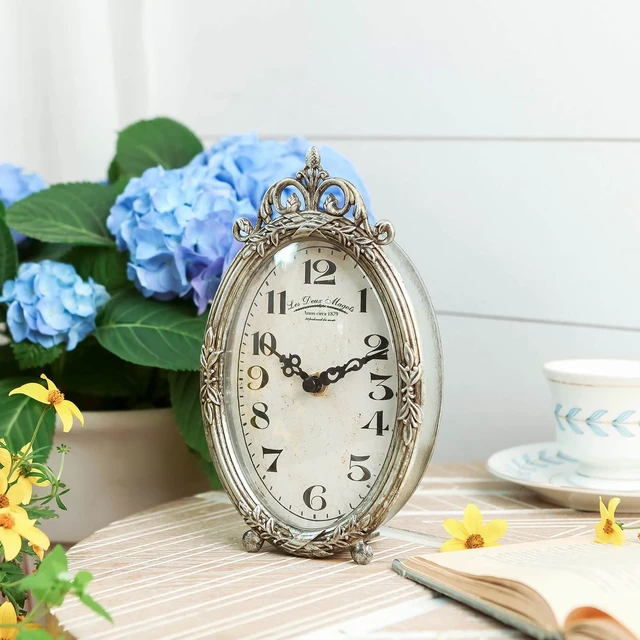 Alt view image 2 of 7 - E Small Vintage Table Clock, Silent Elegant Silver Desk Clock | Non-Ticking Battery-Operated Metal Decorative Shelf Clock, Perfect for Living Rooms, Offices, Shelves, Mantels
