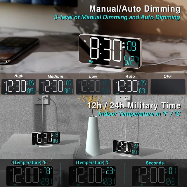 Alt view image 3 of 6 - Digital Alarm Clocks 6.7in Small Digital Clock for Bedroom,Auto Dimming,Dual Alarm, Date, Seconds, Day of Week, Indoor Temperature,Desk Clock for Classroom,LED Clocks for Living Room