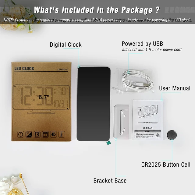 Alt view image 4 of 6 - Digital Alarm Clocks 6.7in Small Digital Clock for Bedroom,Auto Dimming,Dual Alarm, Date, Seconds, Day of Week, Indoor Temperature,Desk Clock for Classroom,LED Clocks for Living Room