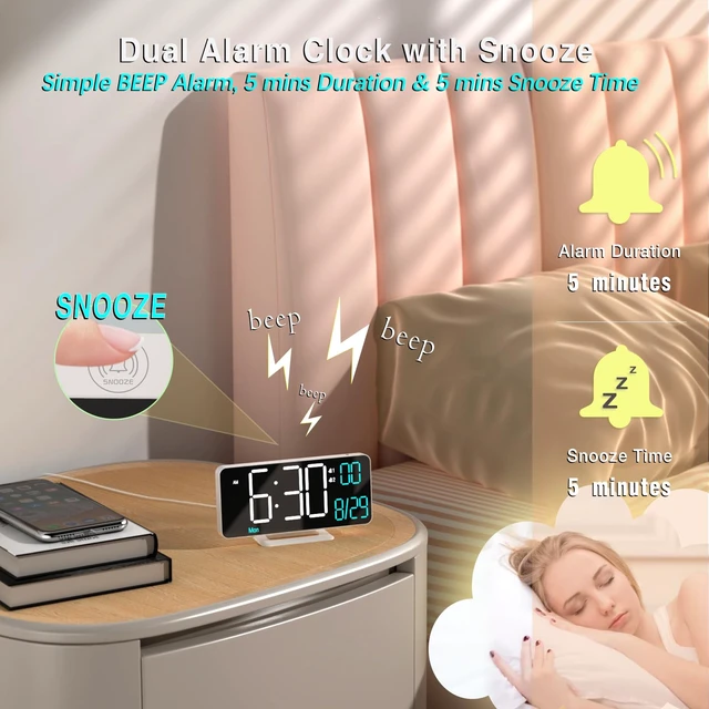 Alt view image 5 of 6 - Digital Alarm Clocks 6.7in Small Digital Clock for Bedroom,Auto Dimming,Dual Alarm, Date, Seconds, Day of Week, Indoor Temperature,Desk Clock for Classroom,LED Clocks for Living Room